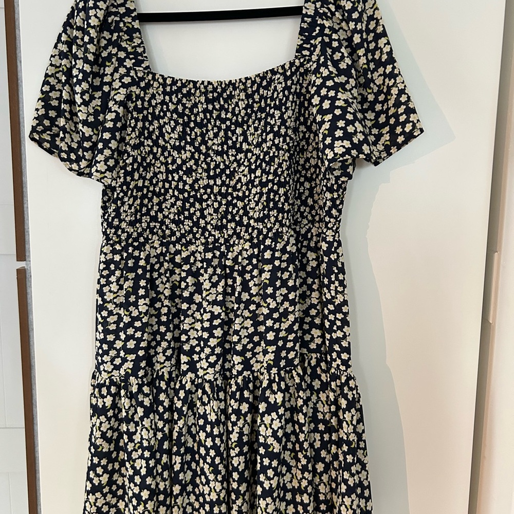 Navy Flower Smocked Midi Sundress with Puff Sleeves